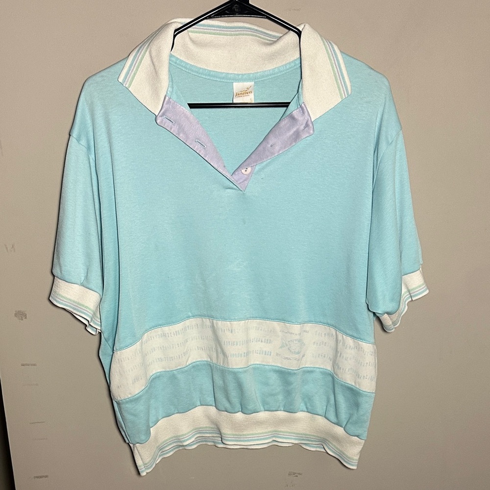 Jantzen Aqua blue and White polo short sleeve vintage Top